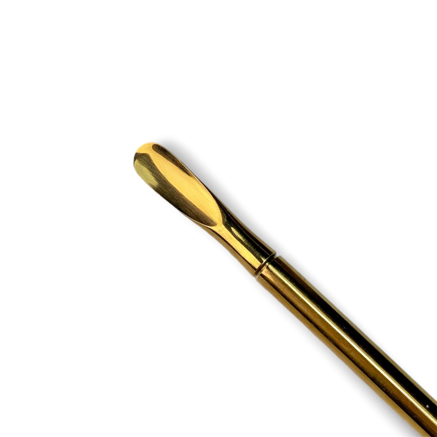 Gold metal spatula tool for applying and spreading cosmetics or skincare products.