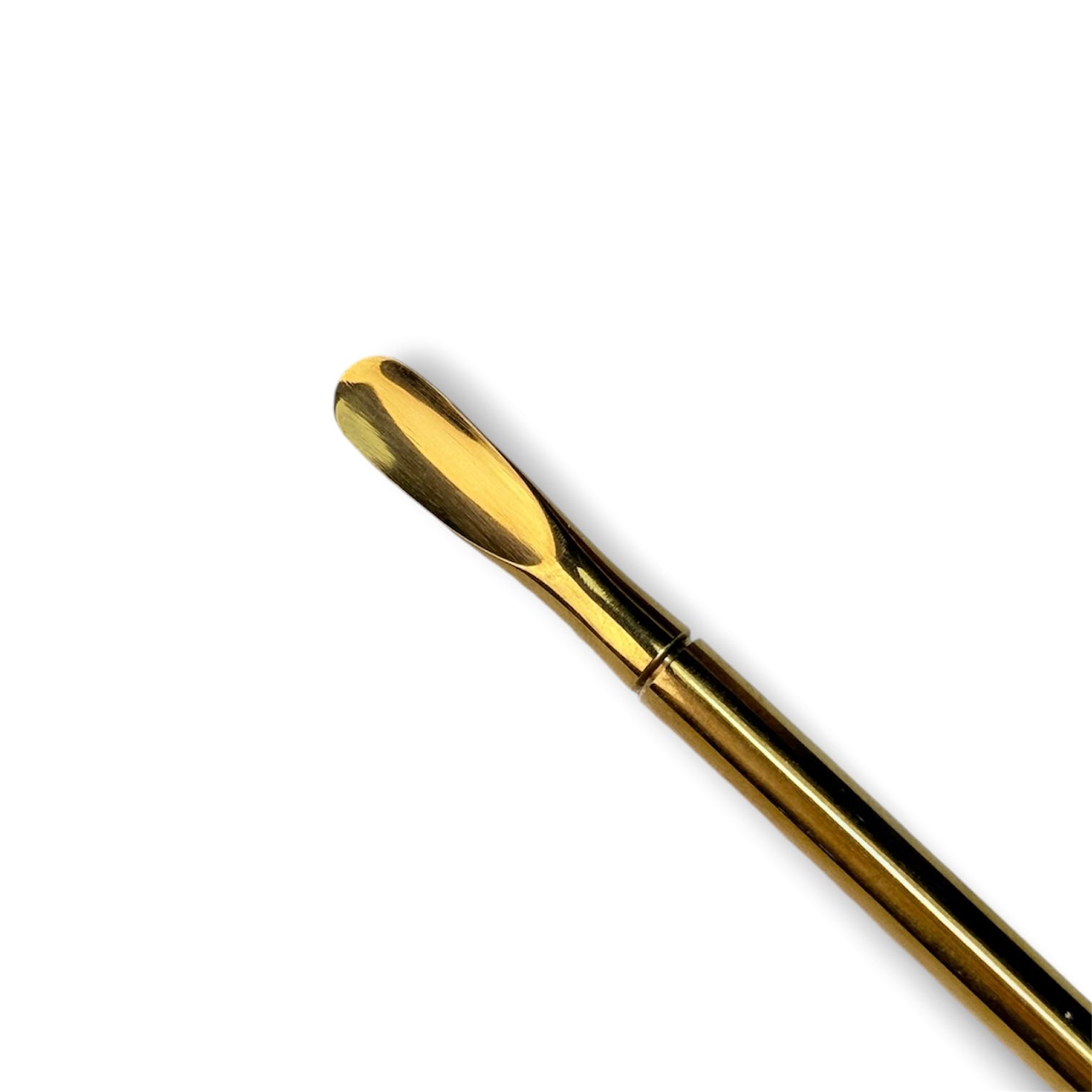 Gold metal spatula tool for applying and spreading cosmetics or skincare products.